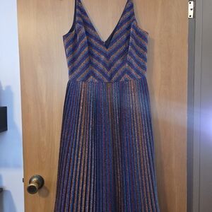 DRESS THE POPULATION Haley Metalkic Cobalt Multi Color Midi Dress Size M